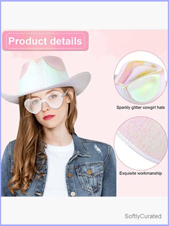 Holographic Space Cowgirl Hat with Rimless Heart Sunglasses Set